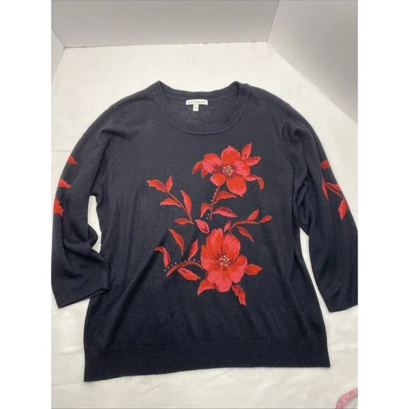 Emily Daniels Black Floral Knit 3/4 Sleeve Pullover Sweater XL Beautiful Classy - Picture 2 of 6